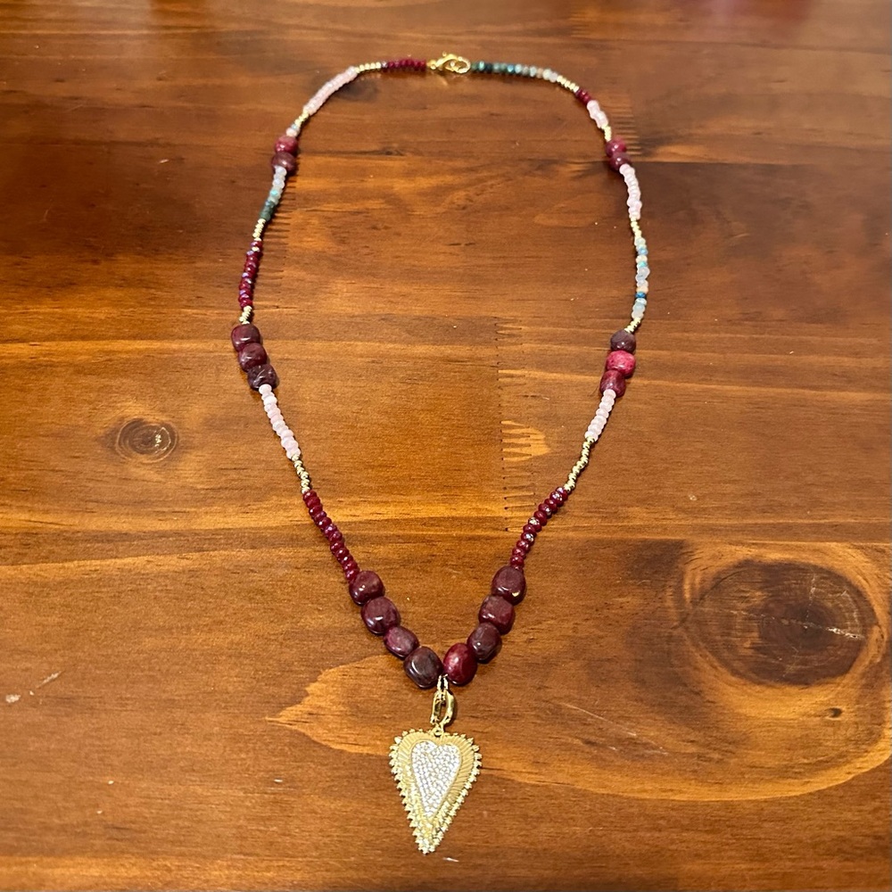 Custom Gold Heart Pendant Necklace with Multicolor Beads
